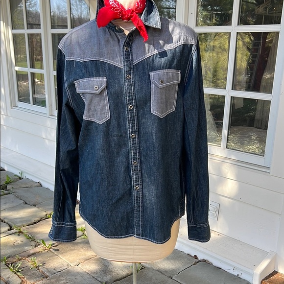 Vintage Guess Western Jean Blue and Gray Casual Button Down Shirt Unisex - Picture 1 of 11